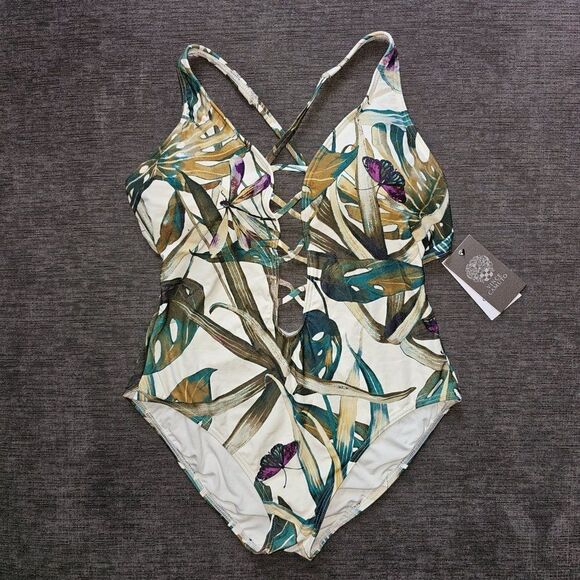 Vince Camuto Women's Rainforest Strappy Leaf Print One Piece Swimsuit Size 12